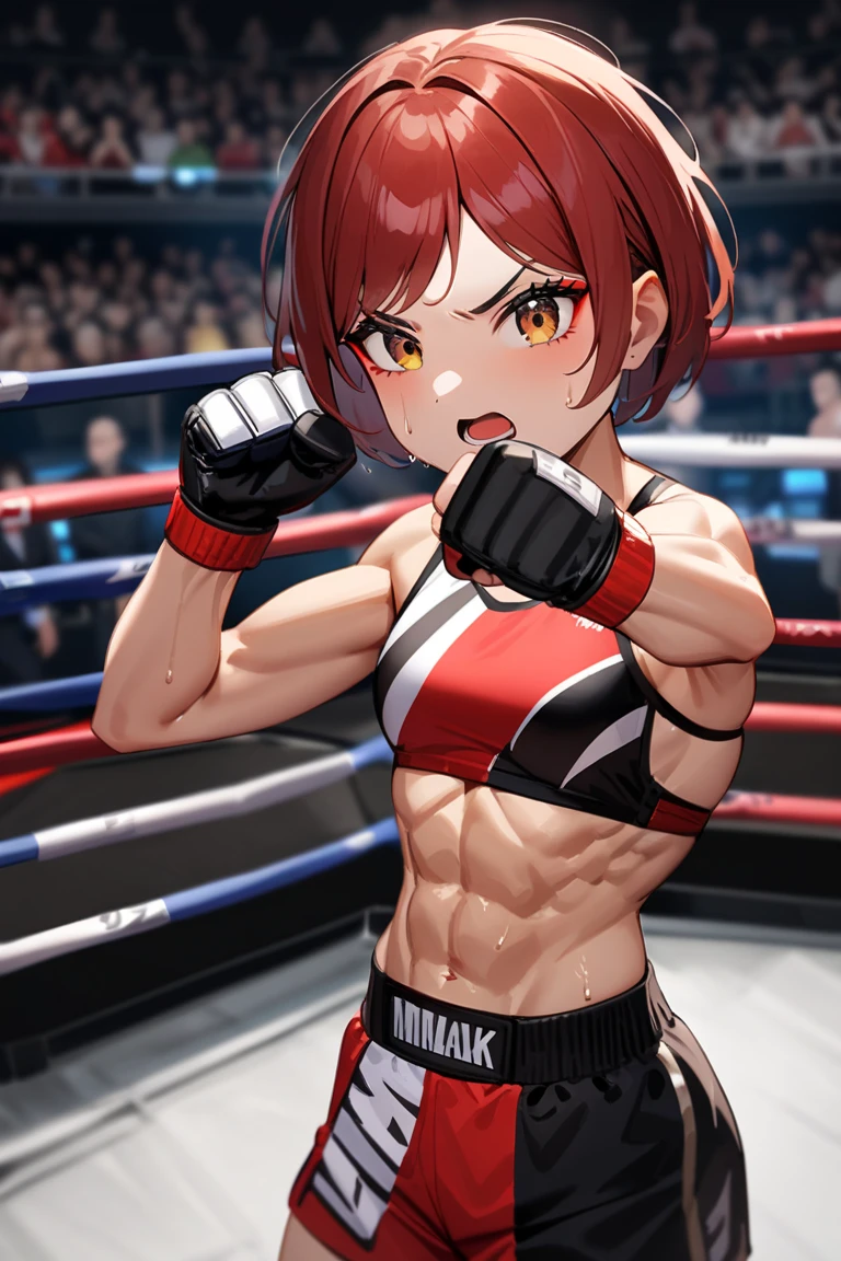(extremely detailed CG unity 8k wallpaper,masterpiece, best quality, ultra-detailed),(best illumination, best shadow, an extremely delicate and beautiful),intense energy,female boxer,powerful punches,gritty scene,mismatched sports gear,muscular build, strong stance,in the ring,blurred background,motion blur