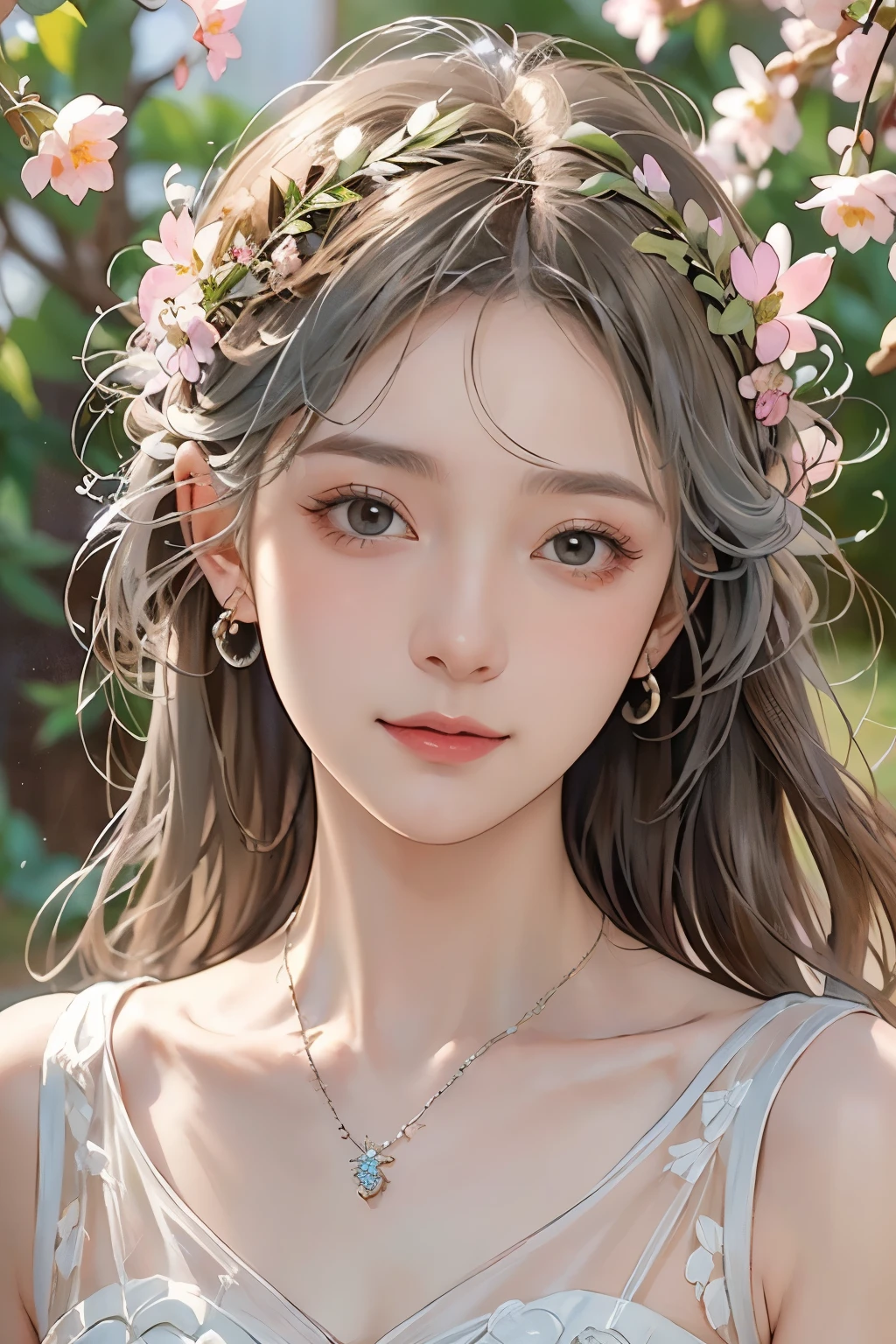 (detailed oil painting of a beautiful woman), rough touch, focus on face, (small smile with calm, kind and bright expression), ((silver grey brown almost straight medium long hair!)), ((close up)), shiny skin, glossy lips, ((casual pastel spring outfit)), (spring outfit), (smart figure), small necklace, soft spring sunlight, small spring flowers of various colors, young leaves on a tree, striking portrait, use of contour, clean line drawing, fine and intricate details, bright primary colors used partially as accents, fine and intricate details, (Alphonse Mucha composition style), muted colors, impressionist style, floral frame, Art Nouveau frame, Art Nouveau decoration, floral decorative frame, stress-free mixed media masterpiece, amazing!, beautiful!,