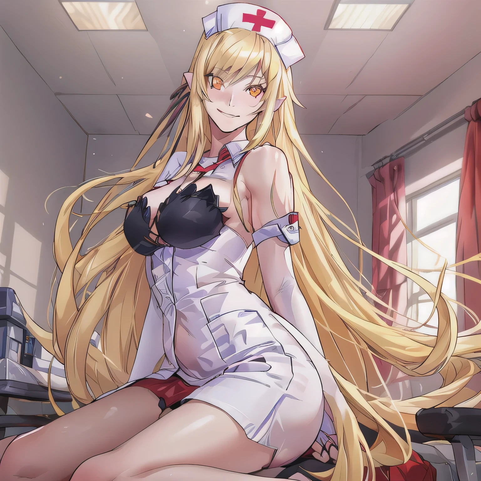 masterpiece, best quality, long hair,  medium breast, cleavage, navel, slim legs, morgan fate blonde hair, forest, nurse