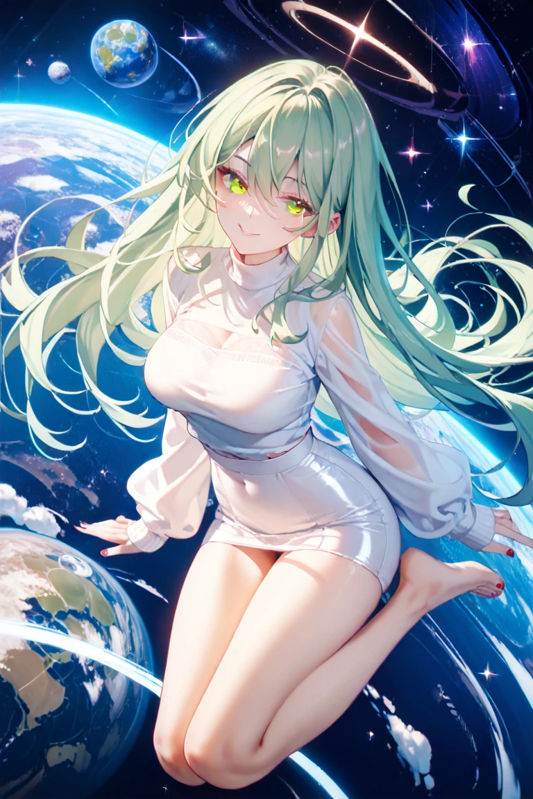 Masterpiece((tmasterpiece)),(White color blouse),((black micro skirt)),(Black transparent stockings),adolable,is shy,(Long green)Hair,red bowtie,long leges,(In space),Face a huge planet for a moment,Open navel,No shoes on