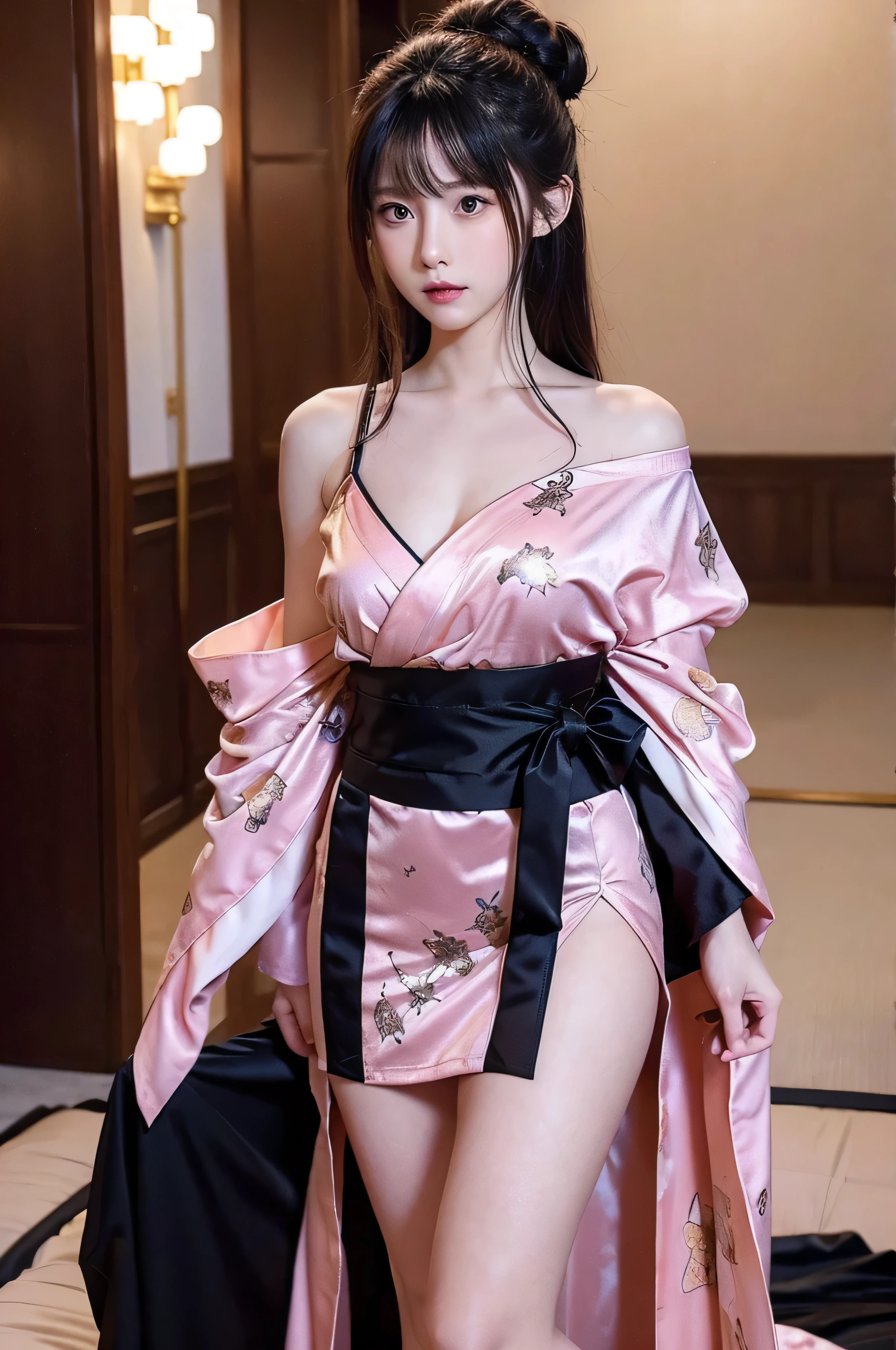 (Ultra-realistic 8k CG: 1.2), perfect artwork, delicate patterns, intricate details, (unparalleled masterpiece, best quality: 1.2), (extremely complex: 1.2), a woman in a Hot pink and gold dress, (sitting on a Hot pink bed), hips up, makeup, blush, shyness, white hair, looking down, cosmetics, (forehead point), (2 red candles), Chinese_clothes, curtains, earrings,hanfu, interior, jewelry, Hot pink nails, long_sleeves, Hot pink dress, red lips, tassels, (red quilt), (red palace: 1.2), (ancient Chinese architecture), (Hot pink: 1.8), night,(Full Body:1.5),(cute face:1.3),(huge breasts:1.3),(high-heels:1.3),(big hips1.3),(medium thighs:1.3)