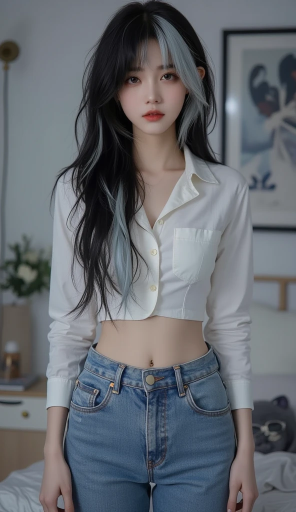 masterpiece, best quality, high quality, high resolution, 1 Girl, Solitary, Large Breasts,water blue (Leaflet), Blue Hair, Long hair, blue eyes, White shirt with open buttons,Hollow,No underwear ,Long white coat, Black Office Skirt, High Leg Raise, Gap between the legs,whole body, permanent, Hands in pockets, boring, Depth of Field, laboratory,