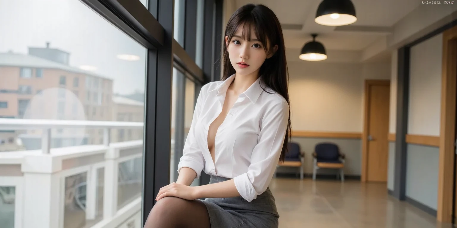 ((((8K))),((Really meticulous CG)) ,(wallpaper),16,000,((Incredibly stylish and beautiful))，(((masterpiece))),(((best quality))),(((초high resolution))),A beautiful light comes on,perfect lightning,Realistic Shading,[high resolution],(Smooth, flawless, fair skin:1.5),(pale skin:1.3),Very exquisite facial details,(perfect body:1.1),very detailed,Beautiful girl,alone,small head,(long straight hair:1.1),(black hair:1.2),small face,exquisite makeup,(glasses:1.2),(huge breasts:1.5),sexy chest,slim,thin,((frown, angry)),(Long sleeve white shirt with collar:1.3),(slim 다리:1.3),(look inside pantyhose:1.3),(spread legs:1.3),(high heel:1.2),(Daytime Scene:1.5),(detailed background:1.5),(sitting on a chair behind a computer desk:1.3),(coffee cup on the table:1.3),(in the office:1.3),(whole body:1.3),(in front:1.3
