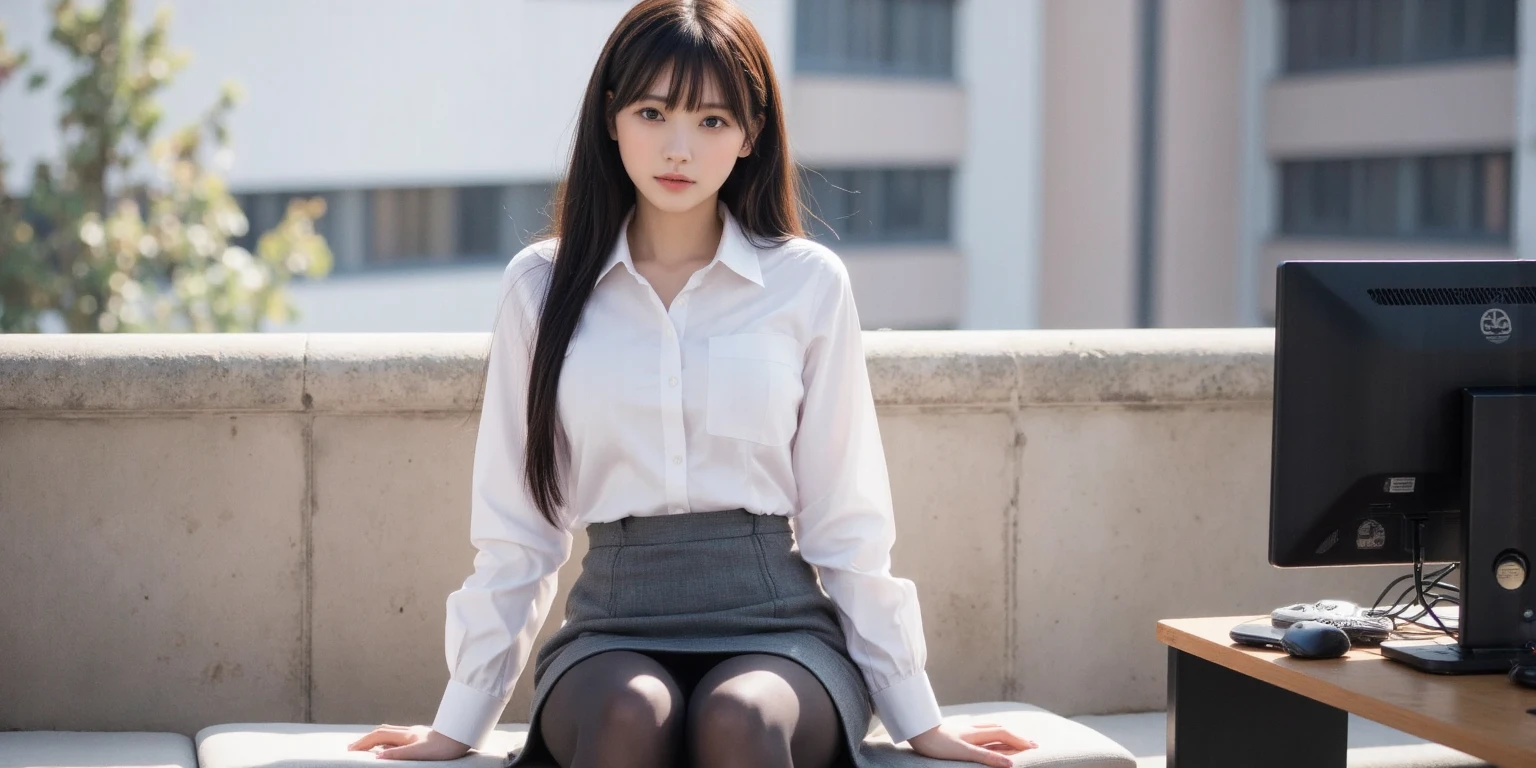 A woman wearing a skirt and jacket is squatting on the floor, hyper現実的なhigh school girl, a hyper現実的なhigh school girl, かわいいhigh school girl, 現実的なhigh school girl, wearing japanese school uniform, japanese school uniform, high school girlの格好をした, japanese girl uniform, wearing school uniformいる, wearing school uniform, (super realistic pantyhose:1.3), high school girl, of posing, girl in uniform