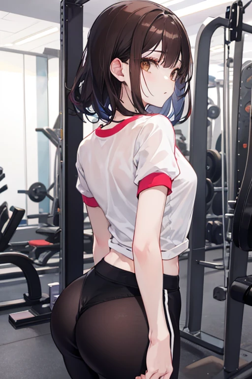 a girl in the gym with long brown hair showing her big butt (from back)