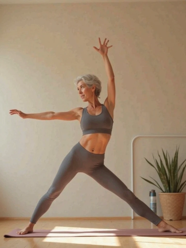 middle aged woman, knit tee, stretching, top lifted, stomach, straight belly button