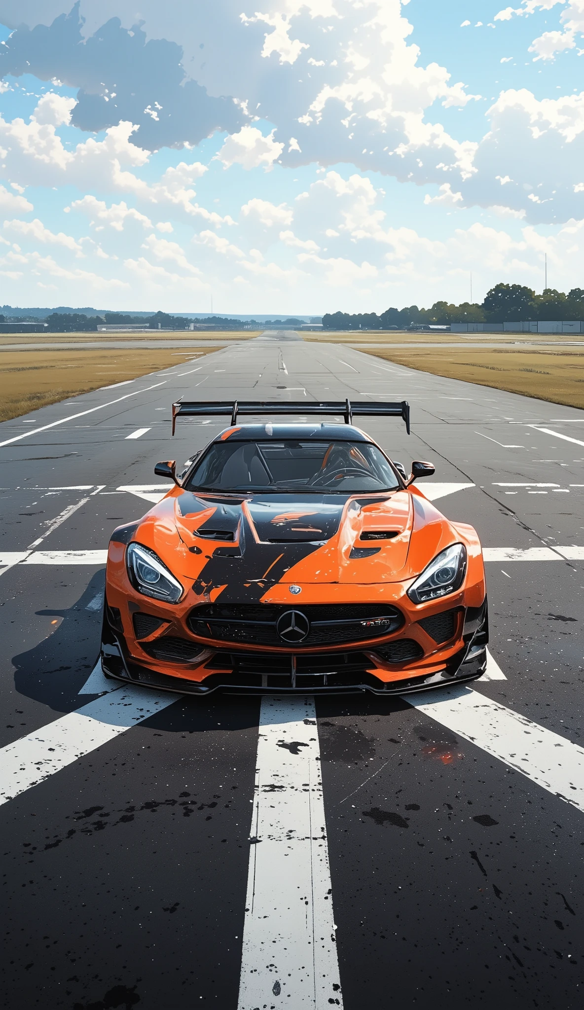 A vibrant orange and black sports car is positioned centrally on a long, paved runway. The car is a G-wagon sleek design, sitting on the runway's surface. The runway is marked with white stripes, and a grassy field is visible in the background. The sky is partly cloudy, with light coming from above and slightly from the front, highlighting the car's details. The car's design is aggressive and stylish, with visible performance modifications. The image is taken from a slightly elevated perspective, looking down on the car. The composition is focused on the car, making it the central subject, with the background providing context. The colors are bold and contrasted against the asphalt. The overall style is dynamic and attention-grabbing.