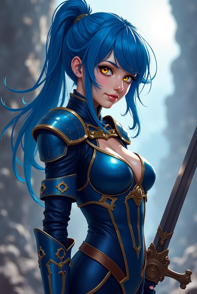 Blue-haired woman in low-cut punk medieval armor. Bright chrome gold lingerie with sharp reflections. Gems. Bare shoulders