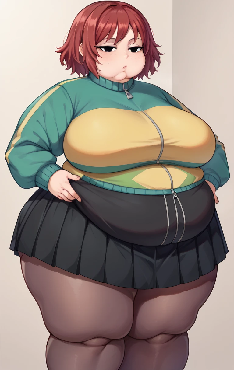 Fat Heather Mason, green_skirt, white_jacket, short hair, Big Cheeks, Cute and Fat face, orange_turtleneck