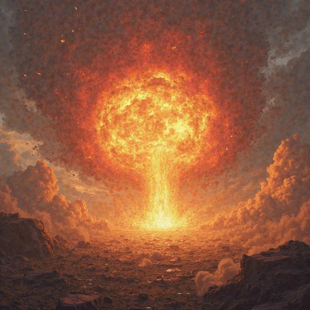 Nuclear bomb going off, explosion, shadows, red,