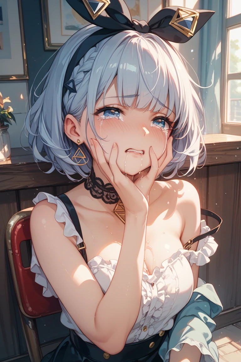 (nsfw:1.5), naked, riding machine, uncensored, tears, trembling, heavy breathing, (cum:1.5), ((((masterpiece, best quality, high resolution)))), 1girl, naked, white hair, purple eyes, bob cut, short wavy hair, average breasts, blush, parted lips, glow, thighs, bare shoulders, collarbone, narrow waist, cleavage, (masterpiece), (beautiful detailed face, beautiful detailed eyes), bedroom, night time, ((ahg,rolling eyes,tongue))