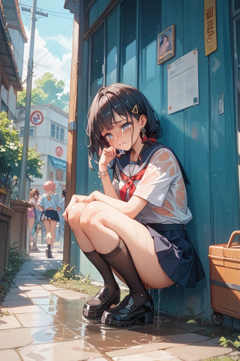 (masterpiece:1.3),(best quality:1.2),8k,absurdres,unity 8k wallpapper,(extremely detailed:1.2),highestres,highres,Amazing,illustration,beautiful studio soft light,stunningly beautiful,incredibly absurdres,vibrant details,cinematic lighting,moody lighting,pixiv, professional, highly detailed,perfect detailed face, transportation_by_window, 1girl,  solo, long hair, brown hair, shirt, black hair, sitting, closed mouth, ,school uniform, serafuku, indoors, sailor collar, black eyes, from side, neckerchief, window, profile, night, headphones, rain, white sailor collar, yellow neckerchief, city lights,  <lora:hugging_own_legs_v0.3:1>