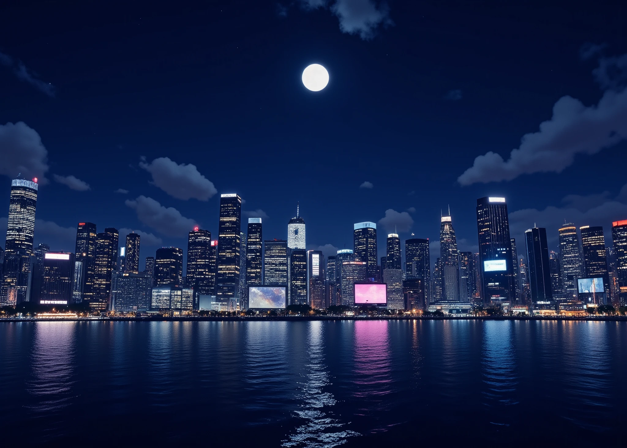 in high-definition images、Tokyo City Seen from the Sea in Tokyo Bay、Megacity Tokyo、 night viewとともに、moon明かりで視界が良く良い景色、moon、Bay in front of the sea、quiet night、高層ビルの night view、Window Lights and Neon Lights、Digital Illustration、4K high definition digital art 、 night view、 Anime Art Wallpaper 4K、 Anime Art Wallpaper 4K、4K detailed digital art 、Anime Art Wallpaper 8K、 background artwork、 Stunning 4K Art