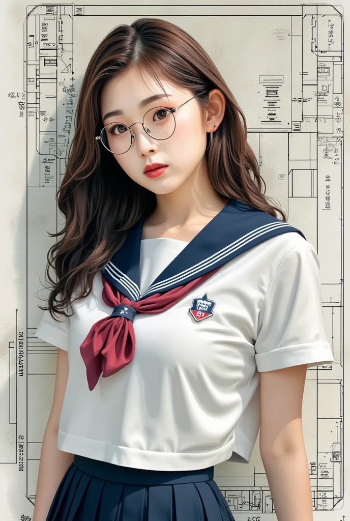 breathtakingly beautiful, high quality, 8k, illustration, Upper body portrait, in front of the fitting room:1.5, using complex semiconductor circuit diagrams and the power of instructions, mature physical adult Japanese woman, complex and detailed portraits of modern Japanese women , red rimmed glasses :1.6, collage of characters and English text:1.331, Multiple exposures of characters and English text:1.331, (Numerous setting notes:2.0), Japanese High School Uniforms:1.331, White Sailor Suit:1.331, summer sailor suit:1.331, typography with mathematical and digital codes , wave hair on one side, brown hair, It's a mixed media work, expressed using text and diagrams , perfect configuration on board , proper placement in office clothes, golden ratio, expressed by mixing elements of silence and chaos ,