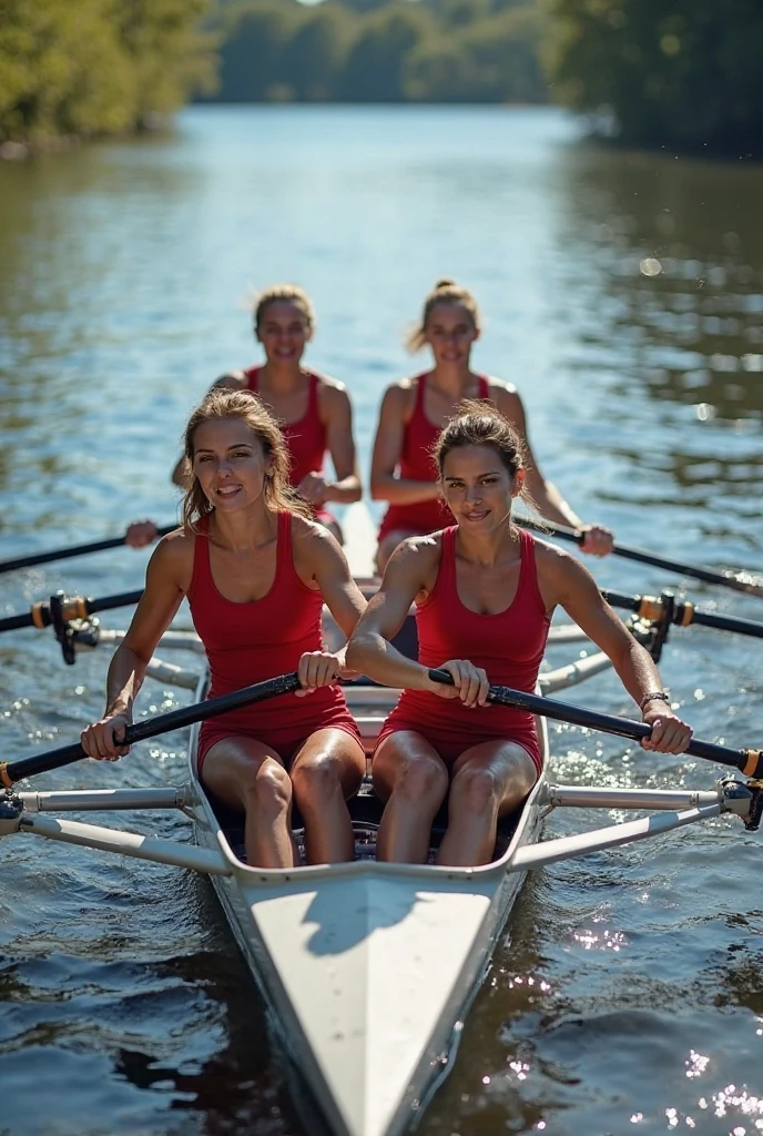 the women's rowing team sailing in a competition rowing boat dressed in minimalist clothing so that their beautiful breasts are almost visible.