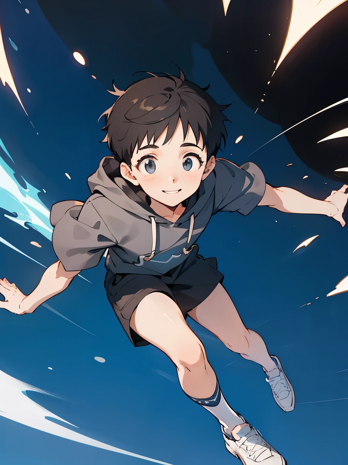 The cute young boy's appearance is a cute neutral face with short black hair and long eyelashes. A gentle smiling expression. A black open front hoodie with short sleeves. (Short black spats peeking out from under the hoodie). White socks. Campus sneakers. Full body. ((dynamic pose, dynamic angle)), very detailed and (perfect anatomy), perfect hands,