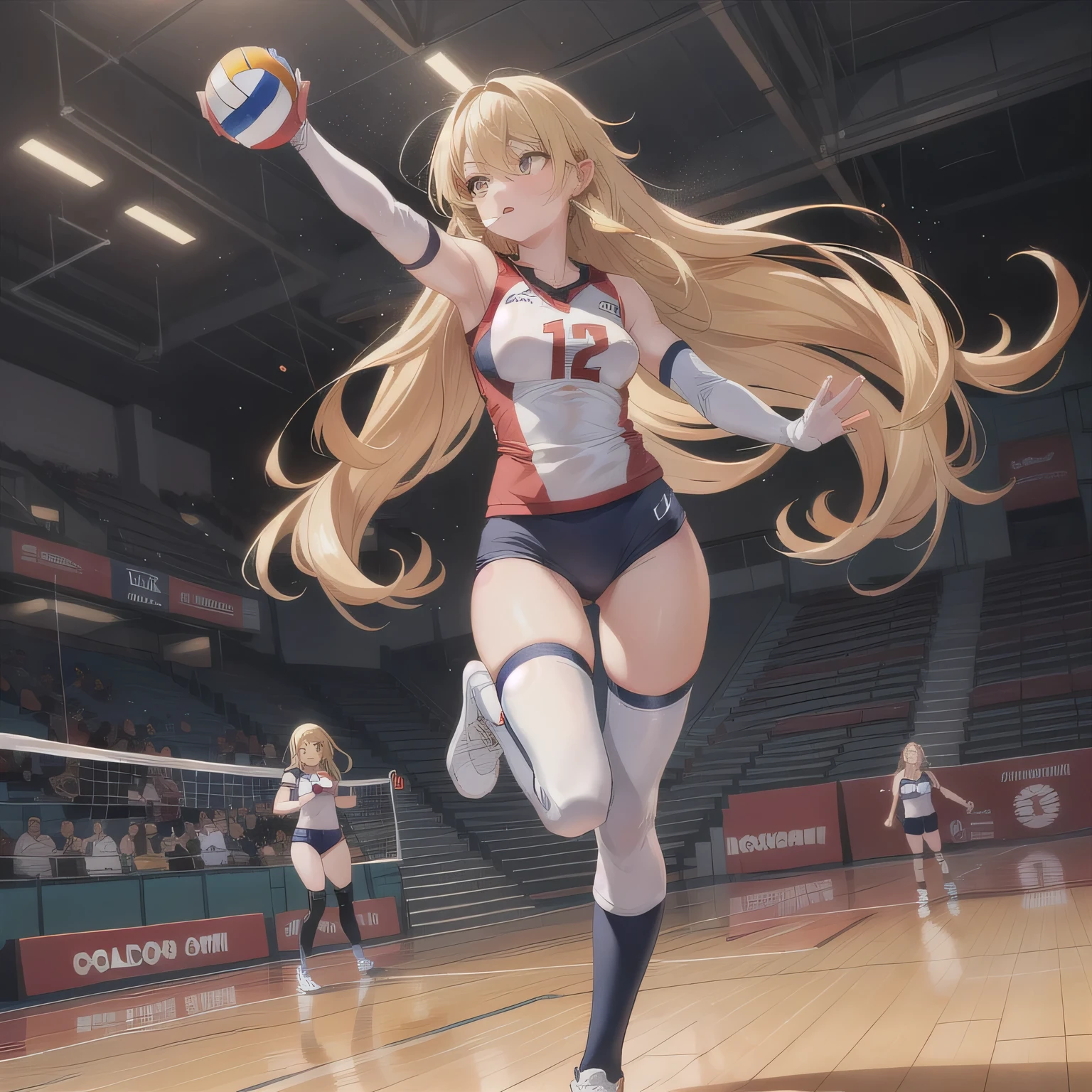 A breathtakingly beautiful 20-year-old woman soars into the air on a volleyball court inside a brightly lit gymnasium, preparing to spike the ball with precision and power. Her athletic form is accentuated by a sleek, form-fitting uniform, and her intense gaze remains locked onto the target. The polished wooden floor reflects the motion, enhancing the dynamic energy of the moment as she displays her skill and determination. Golden hair, long hair, golden eyes.