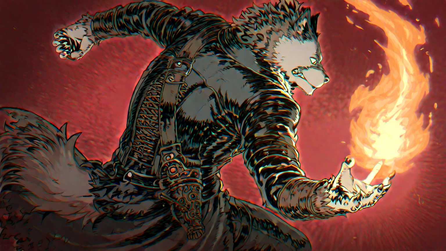 Solo, tiger, black tiger, tiger male, gray hair, white body fur, muscular male, elder male, light red eyes, wearing nothing, gray fur tuft, eastern necklace, star night background, ( by Sollyz, masterpiece, 8k, hd), Looking at viewer, smiling, detailed face, detailed eyes, detailed hair, detailed muscles, detailed clothes, Genshin, nude lower body, bulge on crotch,