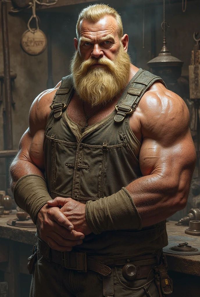 Hyperrealistic image of an old 19th century blonde German Steampunk circus ringmaster superhero with bare torso gray hair with huge handlebar mustaches A super heavy bodybuilder flexing his muscles A full body obese bodybuilder with a very sweaty body An elderly extremely muscular man and extremely fat over 70 years old weighing over 600 pounds a very hairy muscular man with very large sagging legs Large pectorals dark nipples and gynecomastia on the ring of a Steampunk circus wearing white jodhpurs black high boots bowler hat in the head and a whip in one hand