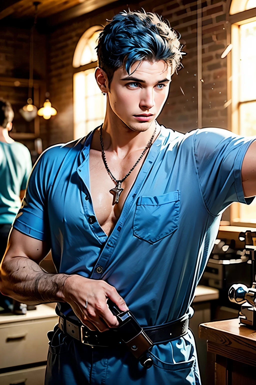 Healthy tanned, smooth, young skin(Barber Cut Hair)((Arms with smooth skin))Smooth skin, thin chin and cheeks((big blue eyes with strong angles))A 20 year old young man has light blue hair