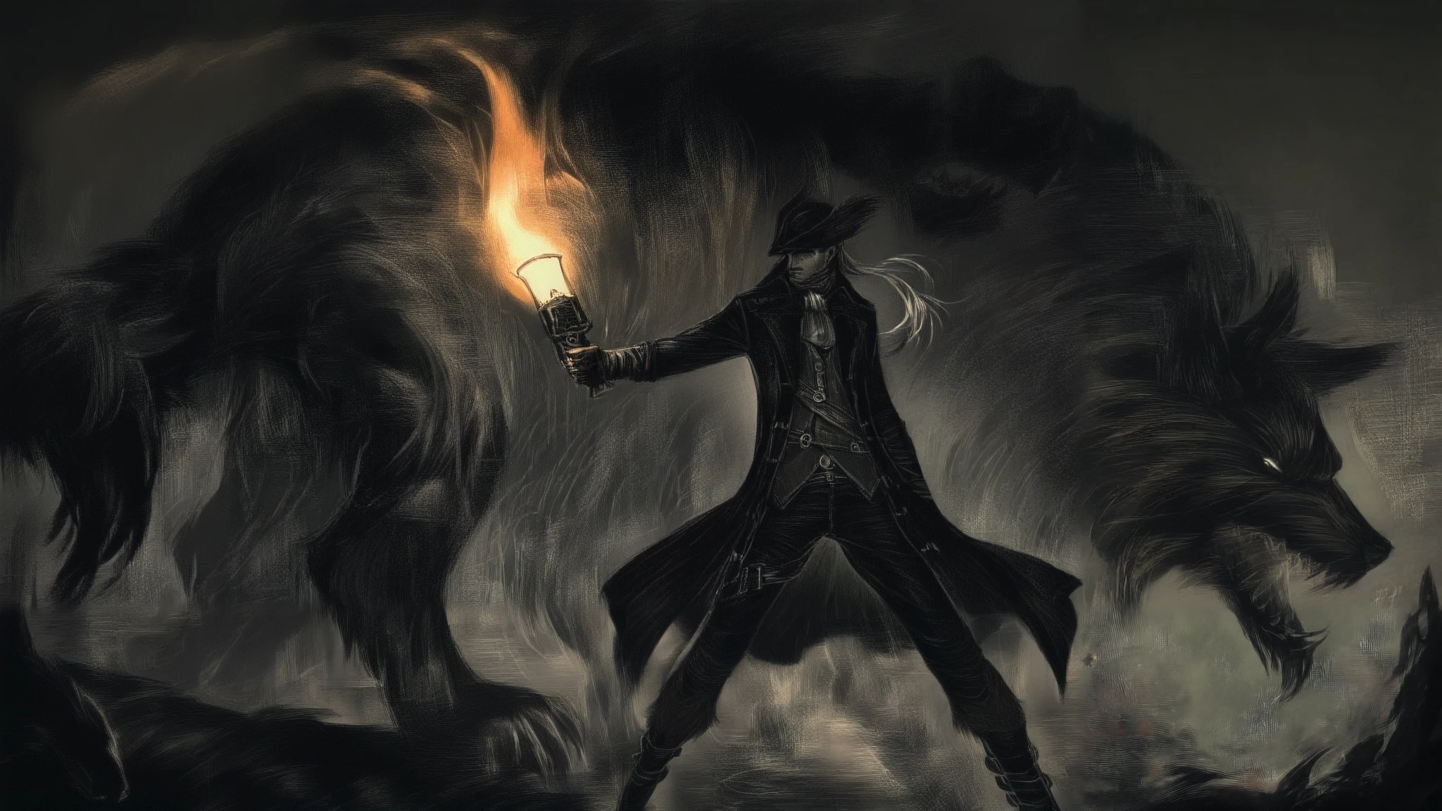 a victorian beast hunter wearing a long black coat with leather details and buckles, inspired by the style of Bloodborne. He holds a torch in one hand, illuminating the damp and dark catacomb around him, while in the other hand he fires an antique pistol at a colossal werewolf with shaggy fur and sharp claws.