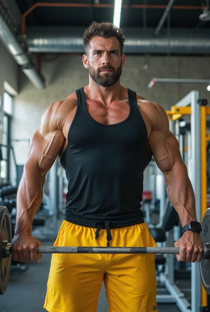 There is a strong man alone. He's personal training. 30 anos. It's in a bodybuilding gym. obvious biceps. Ele tem pele clara e olhos castanhos. He's wearing an orange T-shirt. Fundo escuro com algumas luzes e leds. realista. sharp photo. 8k