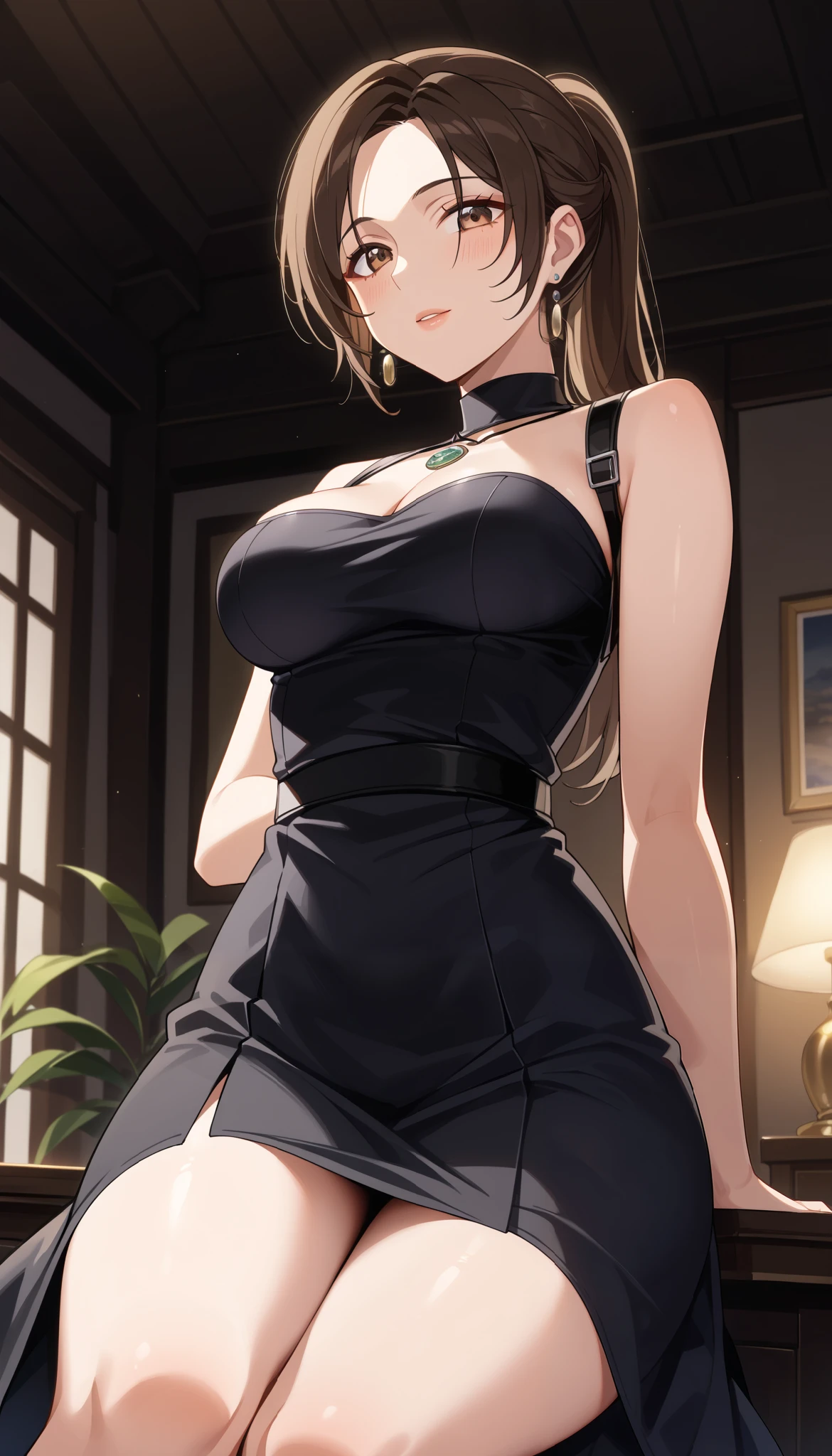 ((masterpiece,best quality)), highres, extremely detailed 8K wallpaper, depth_of_field, cowboy shot, solo, 1girl, saeki sayaka yagatekimininaru, long hair, (honey color hair), blue eyes, bow, big breasts, wide hips, thights, bar, interior, night, prostitute, Fuchsia sleeveless dress, miniskirt, cleavage, big butt, dark blonde hair, disgusted expression, shadows under her eyes, baggy eyes, panties, slut, sexy, she is lifting her skirt, thong with lace, there is a man in front of her