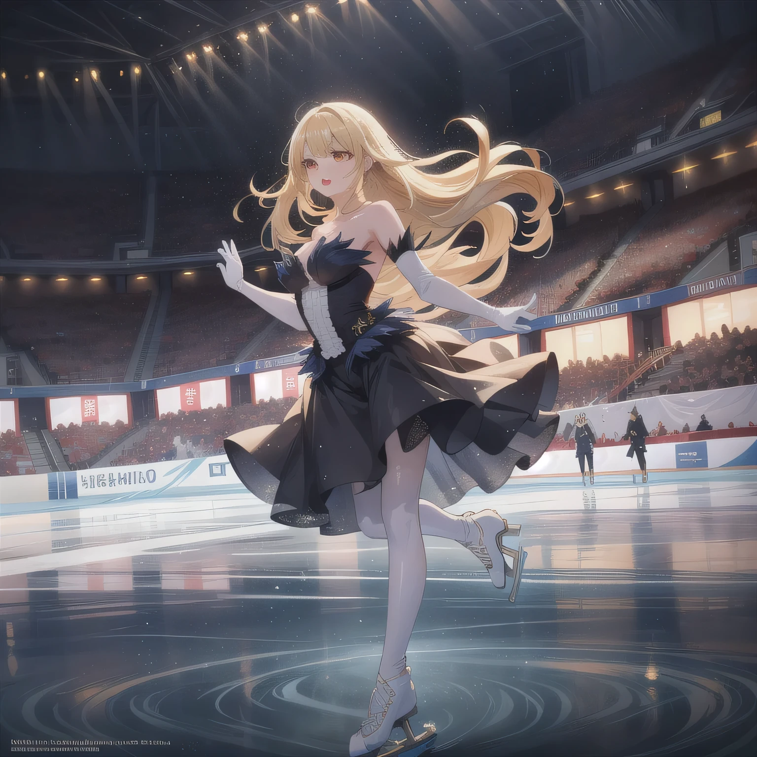 Depict a 20-year-old, stunningly beautiful woman gracefully gliding across the ice in a grand skating arena. She wears an elegant and intricately designed figure skating dress, adorned with shimmering details that reflect the arena lights. Her expression is serene yet focused, her movements fluid and dynamic, capturing the poise and strength of a professional skater. The background features a vast ice rink with soft lighting, enhancing the elegance of the scene. Golden hair, long hair, golden eyes.