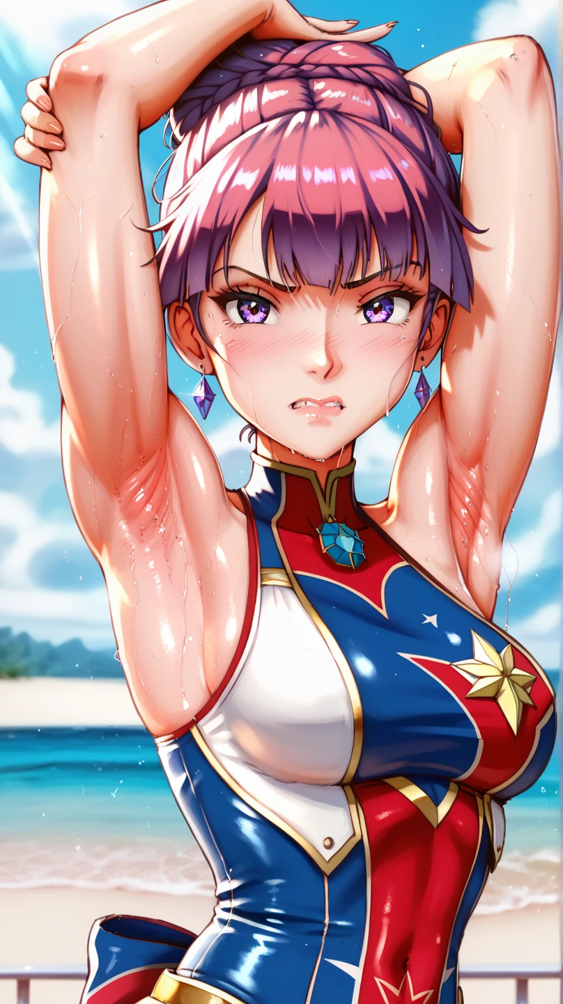 1girl, masterpiece, best quality, extremely detailed 8K wallpaper, ultra detailed, volumetric lighting, light, shinny, best anatomy, detailed eyes, beautiful eyes, best shadow, ultra detailed, <lora:meifon-000025:1>, meifon, breasts, looking_at_viewer, smile, short_hair, open_mouth, bangs, red_eyes, jewelry, purple_hair, earrings, choker, nail_polish, makeup, lipstick, purple chinese dress, tight dress, skin tight , festival, fireworks, night