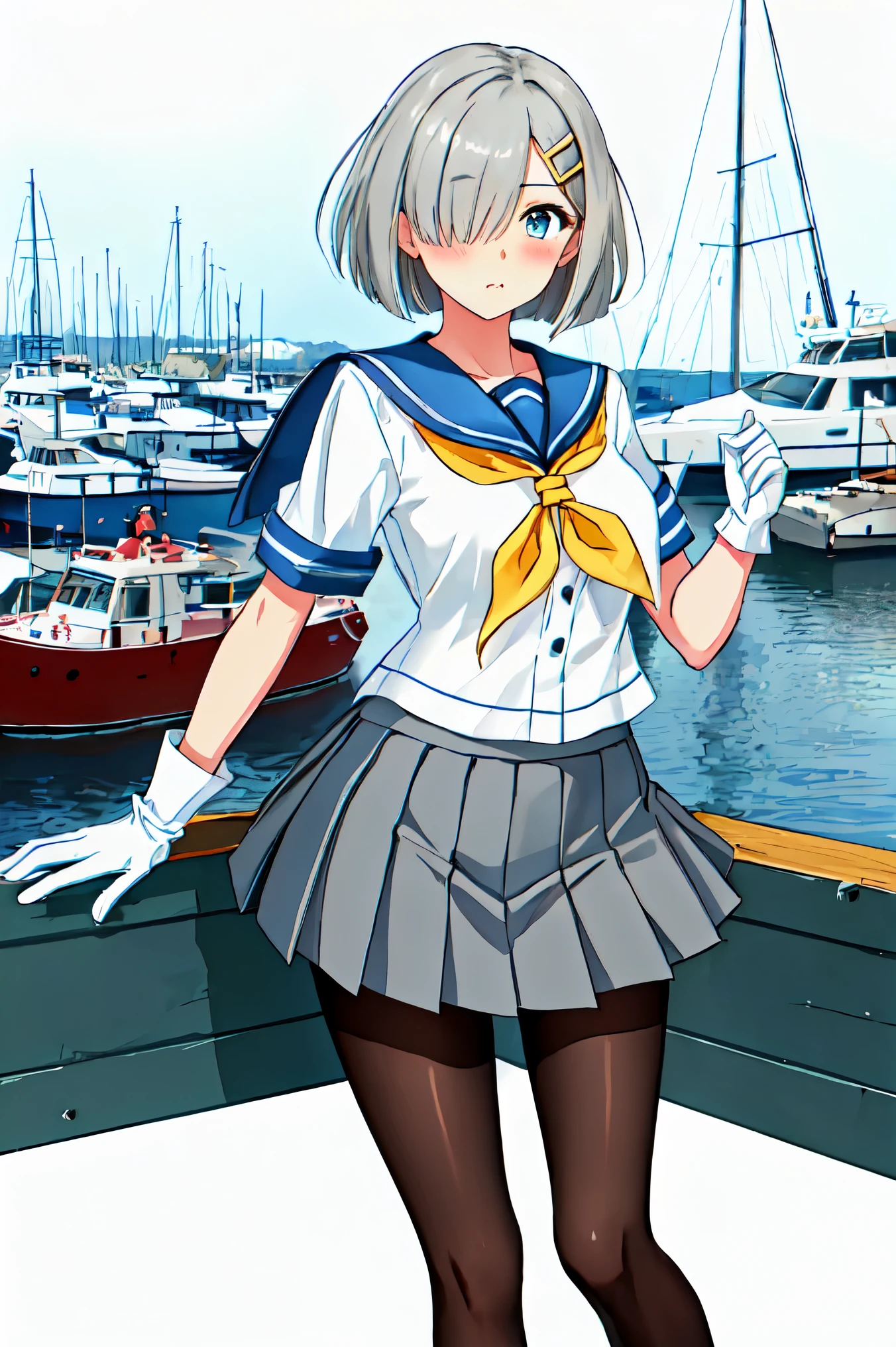 best quality, masterpiece, highres, solo, {hamakaze_kantaicollection:0.90}, 1girl, black_pantyhose, pleated_skirt, serafuku, short_sleeves, simple_background, white_background, yellow_neckerchief, white_gloves, looking_at_viewer, grey_skirt, blush, eyes_visible_through_hair, blue_sailor_collar, dynamic_posing,long_bangs,hair_over_one_eye,harbor_school_landscape_background,outdoor,smile,