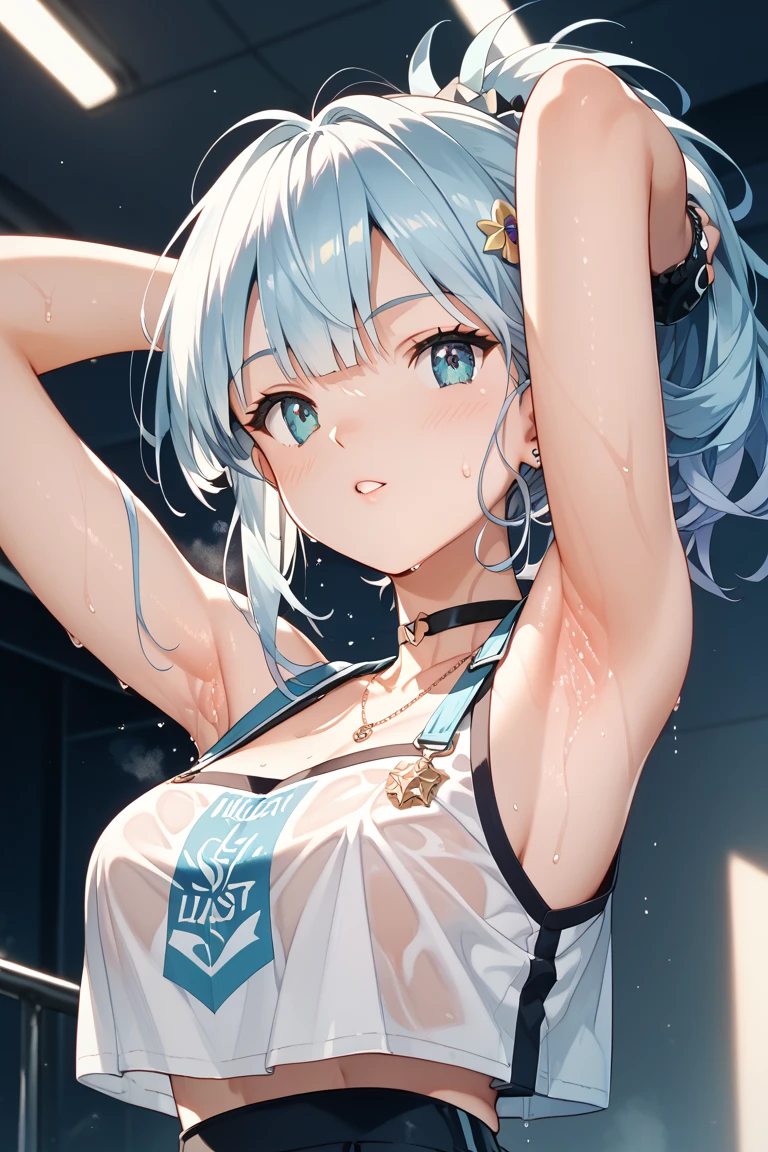 (((locker room:1.3))),(((Sports towel))), (((Changing room 1.3))),(((Uniforms hanging on hangers:1.3))),((Swimsuit change:1.7)),(((Floral Bikini Swimsuit))),Cute Face,Extreme close up of face,Crying face,tears,Cute Face(Silver Hair,Floral knit headband,Half Up、Floral braided space buns,Voluminous fishtail braid,Twisted pan,),(The bangs are see-through),hairpin,hair ornaments,Blushing、Pointed red mouth、Perfect round face,iris,(Perfect body curves),Big Breasts.Wet Hair、Wet swimsuit、Wet Skin、Professional Lighting,Cinematic Light,(Tabletop,highest quality,Ultra-high resolution output images,) ,(8K quality),(Picture Mode Ultra HD),