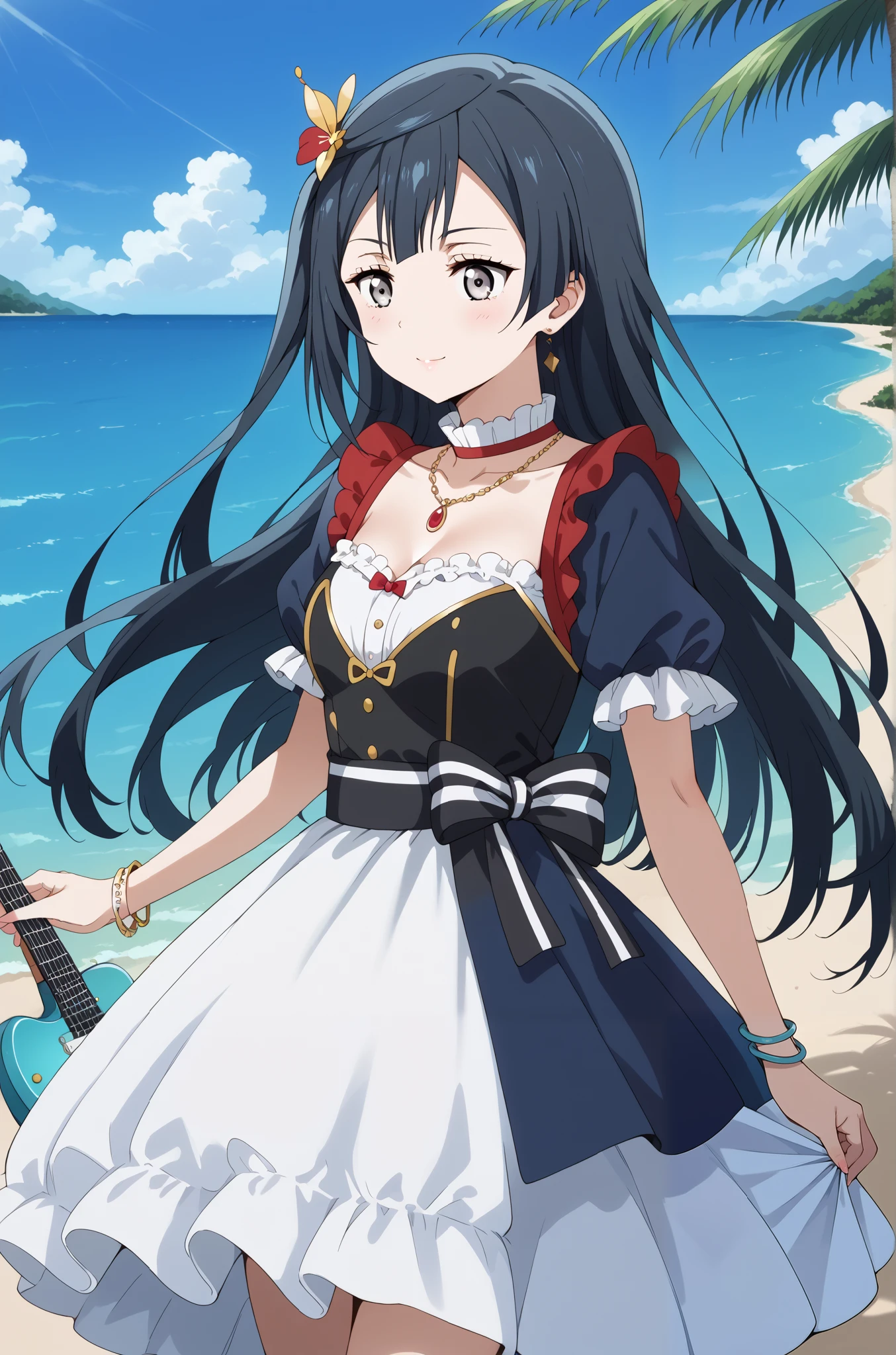 score_9, score_8_up, score_7_up, source_anime, 4K,perfect fingers,(perfect hands, perfect anatomy),prefect lighting, very aesthetic, intricate details,highly detailed background, masterpiece, high quality, best quality,
1girl, setsuna yuuki, yuuki setsuna (love live!), long hair, bangs, black hair, sidelocks, grey eyes, one side up, hair ornament, Large Breast,,
wearing ((dress, Bracelet, )) ,,
Electric Guitar, beach, tattoo,