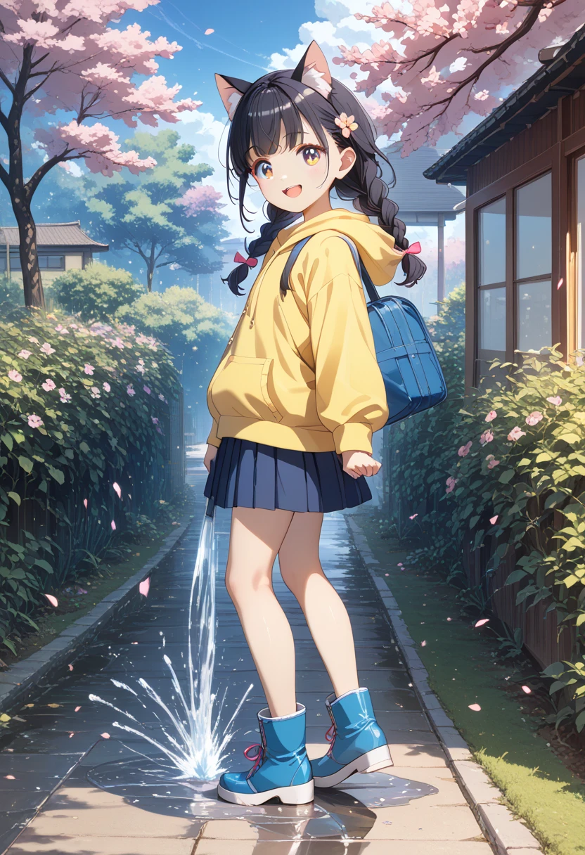 Standing Portrait Taken from the Front　shows the whole body　 　Female Elementary School Student　(black hair、braids、both sides) (Cat ears) (smile、looks like fun) (yellow hoodie) (red miniskirt) (Light blue boots) 　light rain、A little dim　Paved Road with Cherry Blossom Trees　(getting into a puddle)   water splashing　　beautiful images　high quality of wavy lines　beautiful