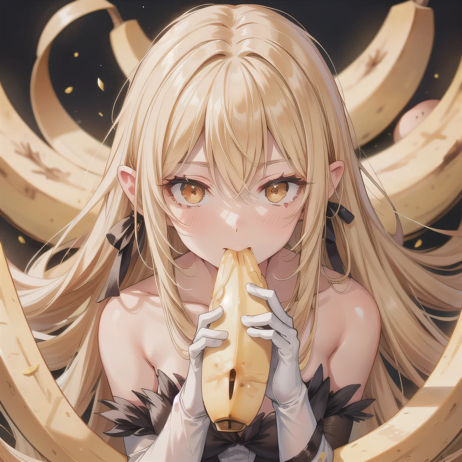 She is holding a banana with its peel partially removed, revealing the white fruit inside. She is eating the exposed white part. Golden hair, long hair, golden eyes.