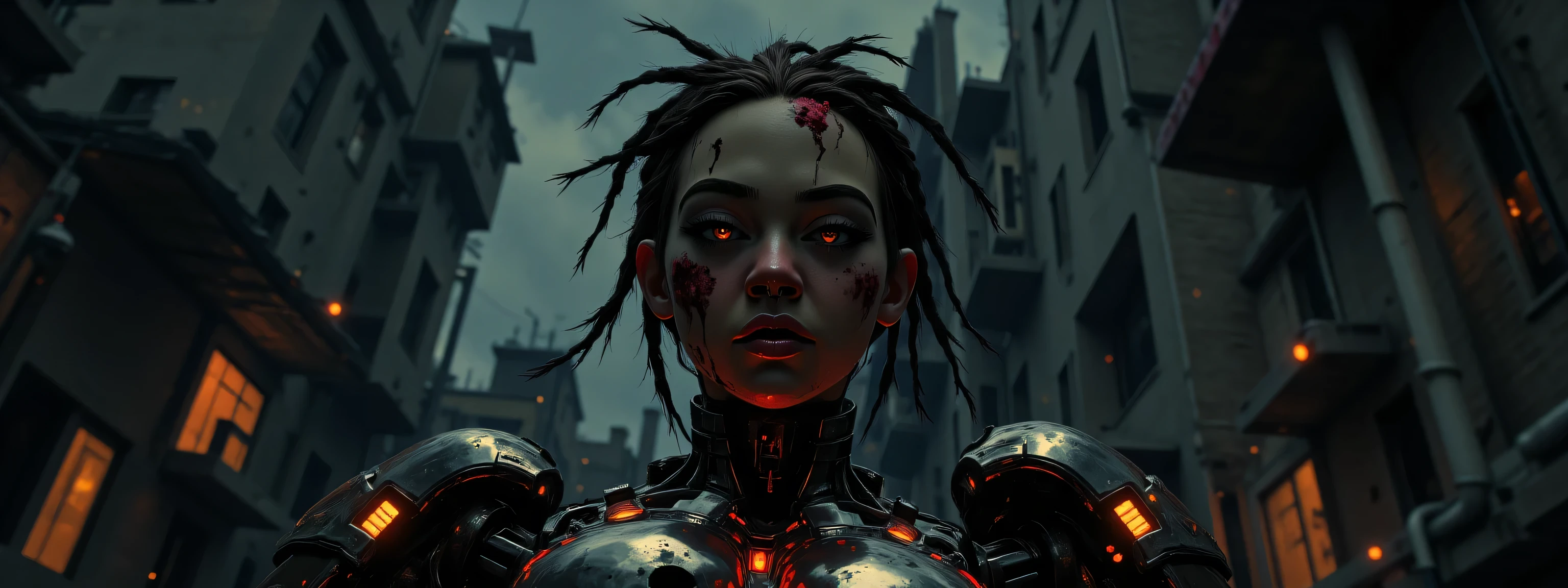 The image depicts a post-apocalyptic and artistic representation of a full body battle android with an intriguing blend of organic and mechanical elements. She is severely wounded and battle damaged, her skin is bruised and bleeding, her armor dented and falling off, leaking blood and hydraulic fluid, almost completely destroyed. Her expression is determined and grim, adding to a sense of power in the image. She has metallic dreadlocks with neon purple lights at the tips. The clothing or armor is composed of crimson red leather and metallic materials that wrap around the body, highlighting the cybernetic theme as well as her figure. It is dusty and smashed and broken, revealing glimpses of skin and under armor. Numerous mechanical accessories, like cylindrical devices and wires and glowing LED lights and gauges, are integrated into the figure's body, enhancing the sci-fi aesthetic. The lighting is very dark, the lights of her armor creating highlights on the reflective surfaces and casting subtle shadows that accentuate the contours and mechanical details. The background is dark, the silhouette of a bombed city in the distant background, creating a quiet yet powerful atmosphere. The shooting angle is elevated, with a sense of depth due to shadow play and the positioning of mechanical elements. The overall composition and technical execution present a seamless blend of organic and technological features, evoking themes of future, integration, and identity. 8k super hd, uhd (full body:2)