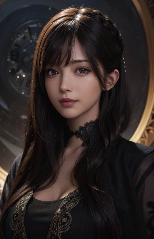 (UHD, retina, masterpiece, accurate, anatomically_correct, textured_skin, super_detail, high_details, high_quality, best_quality, high_res, 1080P, HD, 4K, 8k, 16k), (beautiful_detailed_eyes, beautiful_detailed_lips, extremely_detailed_eyes_and_face), soft_lighting, physically-based_rendering, vivid_colors, (large_breasts:1.5), (shiny_hair, shiny_skin, tanned_skin, blush), (bangs:1.5), eye_reflection, (bokeh), semi-profile_view, (steampunk:1.5),