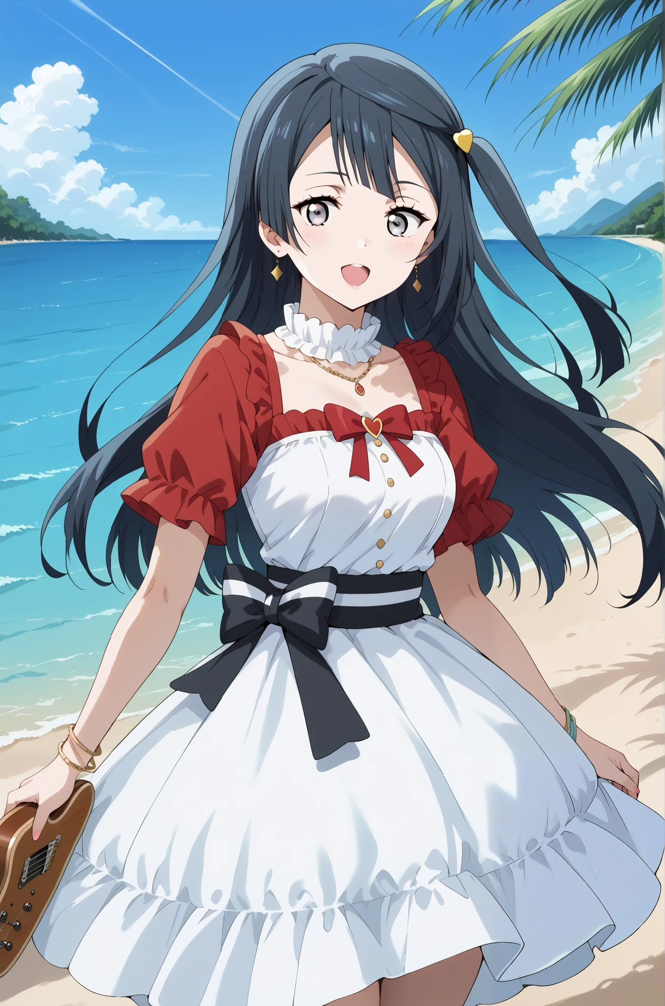 score_9, score_8_up, score_7_up, source_anime, 4K,perfect fingers,(perfect hands, perfect anatomy),prefect lighting, very aesthetic, intricate details,highly detailed background, masterpiece, high quality, best quality,
1girl, setsuna yuuki, yuuki setsuna (love live!), long hair, bangs, black hair, sidelocks, grey eyes, one side up, hair ornament, Large Breast,,
wearing ((dress, Bracelet, )) ,,
Electric Guitar, beach, tattoo,looking at viewer, open mouth,