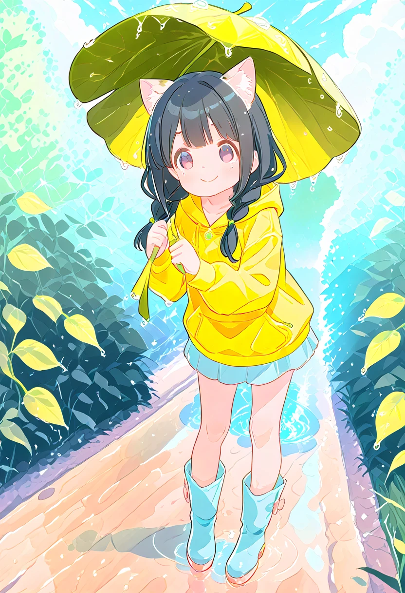 Standing Portrait Taken from the Front　shows the whole body　 　Female Elementary School Student　(black hair、braids、both sides) (Cat ears) (smile、looks like fun) (yellow hoodie) (red miniskirt) (Light blue boots) 　(leaf umbrella 1:5)　light rain、Cloudy　A little dim　Paved Road with Cherry Blossom Trees　(getting into a puddle)   water splashing　　beautiful images　high quality of wavy lines　beautiful