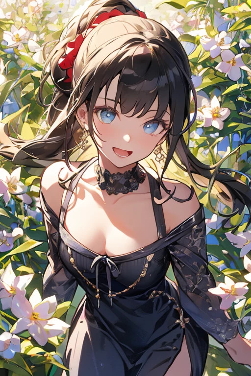 (dynamic angle:1.3, front view:1.1, breast focus:1.3, from below:1.2), (dynamic posing:1.5, sexy posing:1.2, leaning forward), (seductive smiling:1.3),(*K) HD, highest quality, Anime style beutiful woman, 1girl,fullbody, happy, (with sparkling eyes and a contagious smile:1.2), red face, closed mouth, beautiful detailed eyes, super detailed skin, backlighting, bare shoulders, black background, black dress, black gloves, black hair, breasts, dress, earrings, fingerless gloves, floating hair, floral print, flower, gloves, gold earrings, gold hairband, hair flower, hair ornament, hairband, holding, holding two-hands weapon, jewelry, large breasts, long hair, looking at viewer, off-shoulder dress, off shoulder,red eyes, short hair with long locks, sidelocks, solo, spikes, thighs, two-sided dress, two-sided fabric, weapon, fighting stance , face, close up, from above, highest quality, high resolution,Real World, Natural light,perfect Natural light,looking at viewer, 