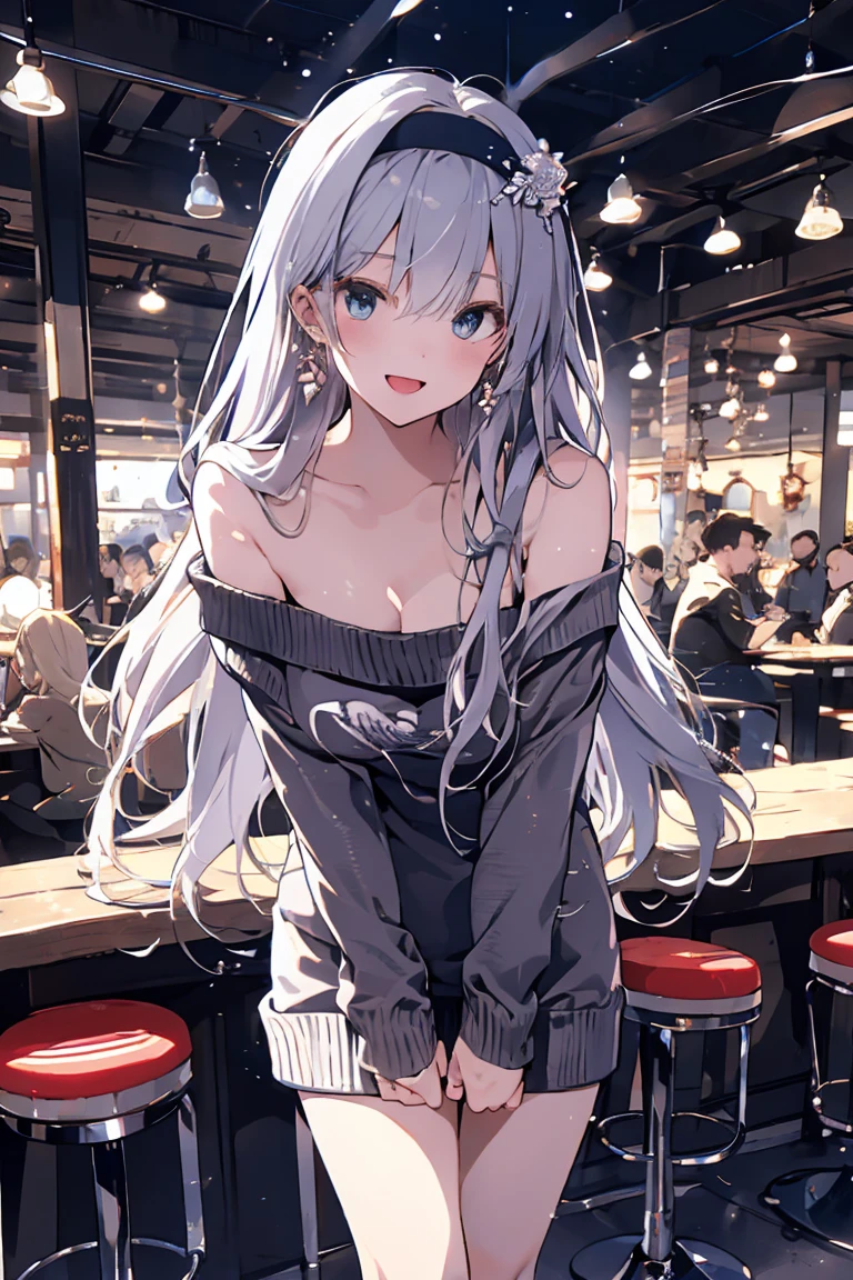 8K, Girl, solo, Full Body, Long hair, white hair, Yellow eyes, Sad mouth, blush, nervous, detailed face, Breasts, big Breasts, large Breasts, big Butt, Short Dark BLUE dress, tight dress, in a public show
