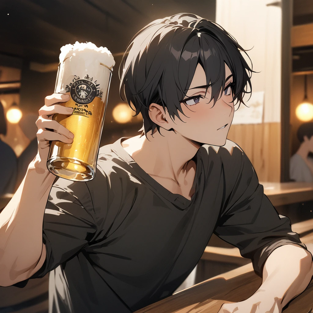 upper body、Drinking beer、
shiny skin, masterpiece、Highest quality、
(25-year-old male:1.2) and (Black short hair) and (blue eyes),
(black collared shirt)
sad、The background is the interior of a bar at night.、(alone:1.5)