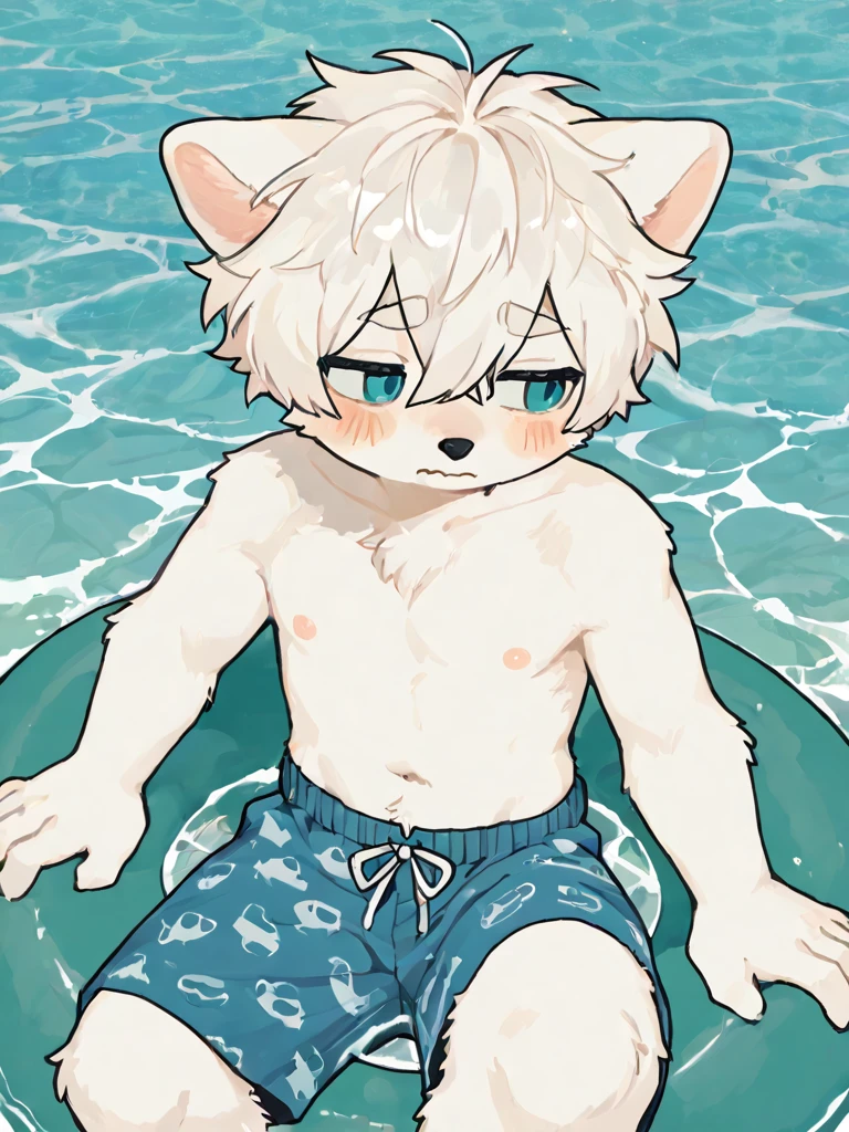 Furry boy, young, chibi, polar bear, white body fur, gray hair, blue eyes, black nose, detailed body fur, detailed face, detailed eyes, glistering body, shiny body, gorgeous body, masterpiece, high quality, standing, beach, clear sky, :3, ((goggles, dark blue headscarf on head, blue hawaiian shirt, open clothes, black swim trunks)), looking at you,