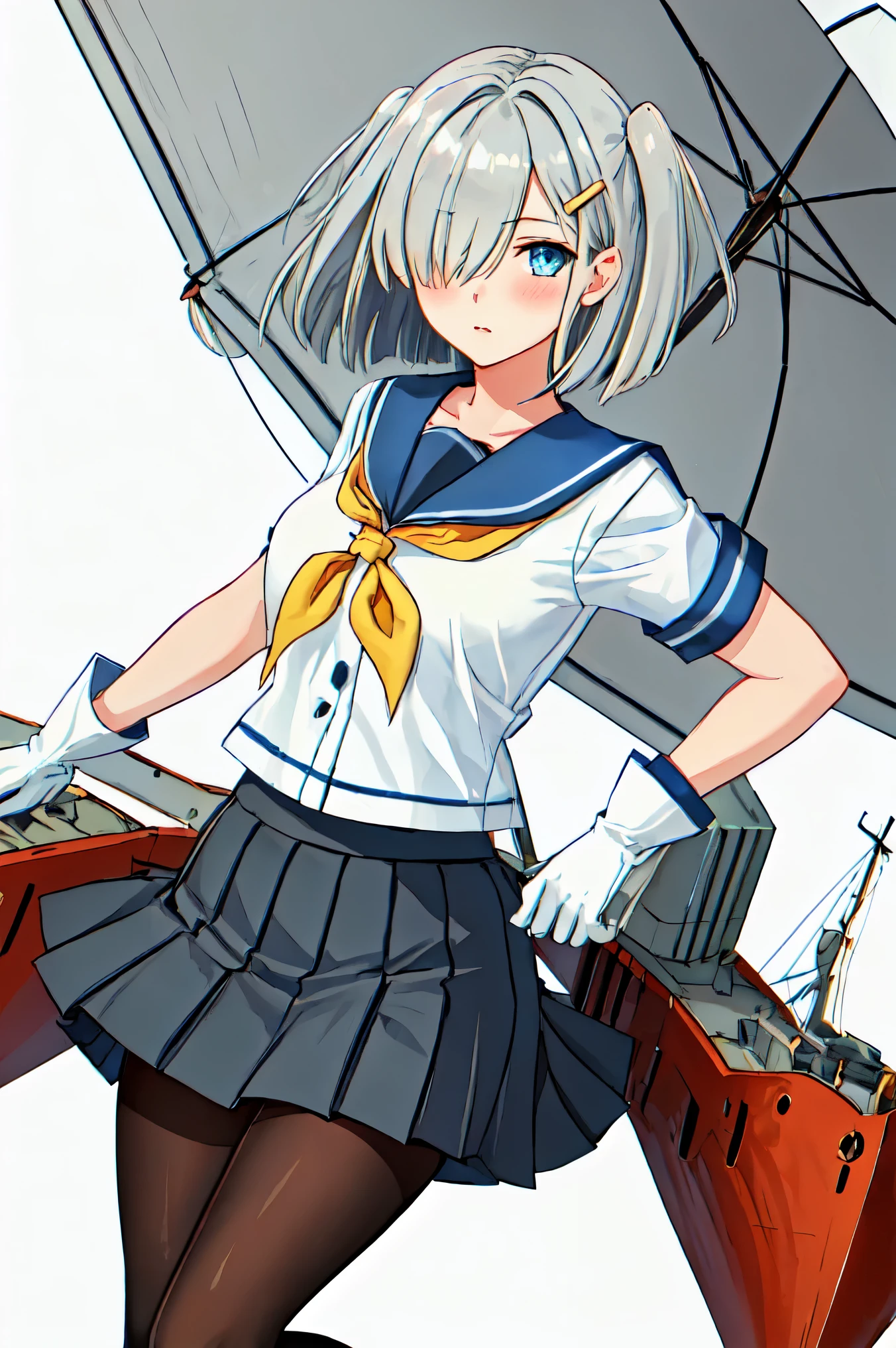 best quality, masterpiece, highres, solo, {hamakaze_kantaicollection:0.90}, 1girl, loli,younger_teen,black_pantyhose, pleated_skirt, serafuku, short_sleeves, simple_background, white_background, yellow_neckerchief, white_gloves, looking_at_viewer, grey_skirt, blush, eyes_visible_through_hair, blue_sailor_collar, dynamic_posing,long_bangs,hair_over_one_eye,harbor_school_background,outdoor,large_breasts,girl_eating_riceballs