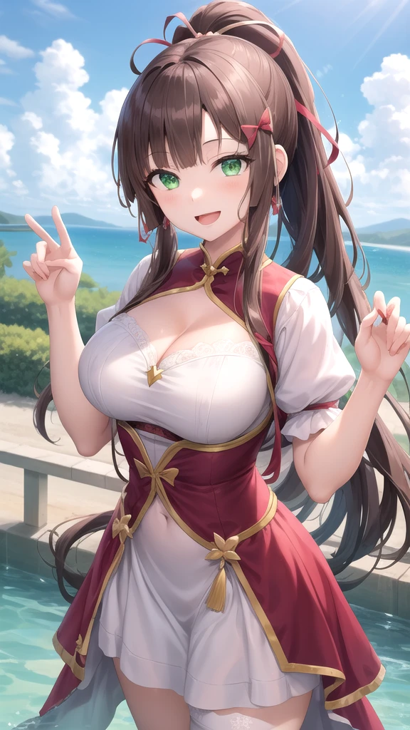 Girl, big boobs, brown hair, long hair, brown eyes, elf, squat, pick flower