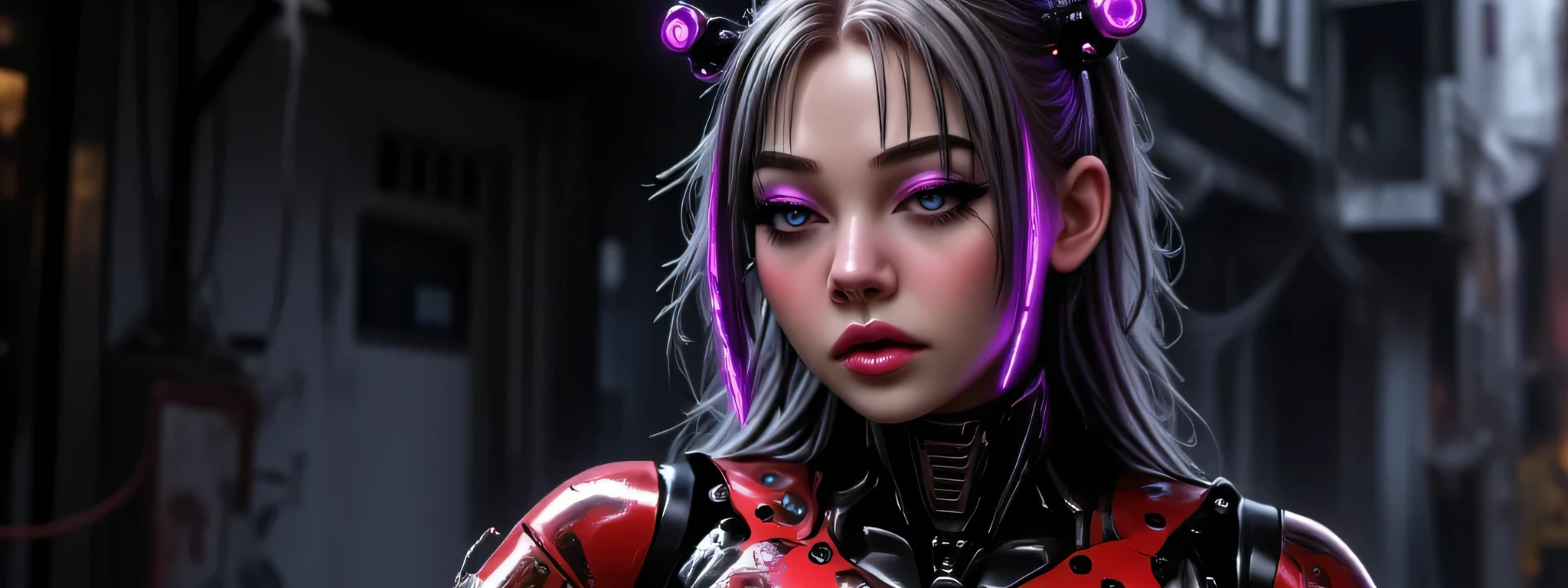 The image depicts a post-apocalyptic and artistic representation of a battle android with an intriguing blend of organic and mechanical elements. Both she and her armor are battle damaged, scraped and scratched and dirty and bleeding and nearly destroyed. Her expression is determined and grim, adding to a sense of power in the image. Her hair is metallic dreadlocks, with neon purple lights at the tips. The clothing or armor is composed of crimson red leather and metallic materials that wrap around the body, highlighting the cybernetic theme as well as her figure. Numerous mechanical accessories, like cylindrical devices and wires and glowing LED lights and gauges, are integrated into the figure's body, enhancing the sci-fi aesthetic. The lighting is very dark, the lights of her armor creating highlights on the reflective surfaces and casting subtle shadows that accentuate the contours and mechanical details. The background is dark, the silhouette of a bombed city in the distant background, creating a quiet yet powerful atmosphere. The shooting angle is elevated, offering a side view with a sense of depth due to shadow play and the positioning of mechanical elements. The overall composition and technical execution present a seamless blend of organic and technological features, evoking themes of future, integration, and identity.