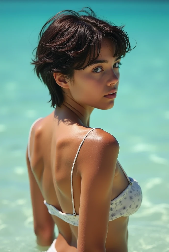there is a woman with a pink top and a pink miniskirt, short brown hair and large eyes, androgynous face, with short hair, curly pixie hair, curly pixie cut hair, headshot of young female furry, halfbody headshot, black hair and large eyes, around 1 9 years old, androgynous person, profile image, small lips pointy nose, realistic body structure, She wears pink glasses, she is turned towards the sea, her back is visible to the camera, the beach and the sea are in front of her, showing some adult body lines