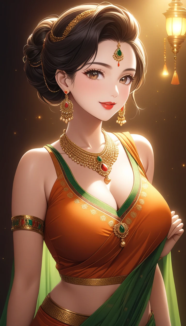 (1woman, mature, single hair braid, silk wet orange saree, long crystal jhumka earrings, detailed alluring eyes, smooth detailed lips, beautiful face, smiling, red lipstick, navel, bangles, saggy breasts, photorealistic, 8k, hyperdetailed, vibrant colors, studio lighting, masterpiece, cinematic composition, dramatic lighting, intricate details, highly realistic skin textures, volumetric lighting, beautiful intricate jewelry, warm color palette, natural lighting, elegant pose, beautiful detailed expression, hyper realistic rendering, seamless blending, flawless skin, glowing skin, delicate features, breathtaking realism, striking composition),tall , necklace, bangles ,navel,full body view