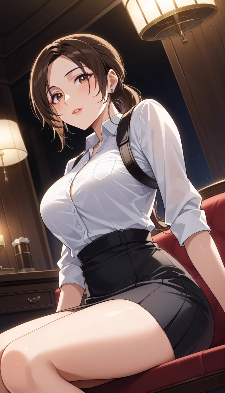 A brown-haired woman is cooling off in front of a fan in an empty conference room, with her shirt open and showing her cleavage.