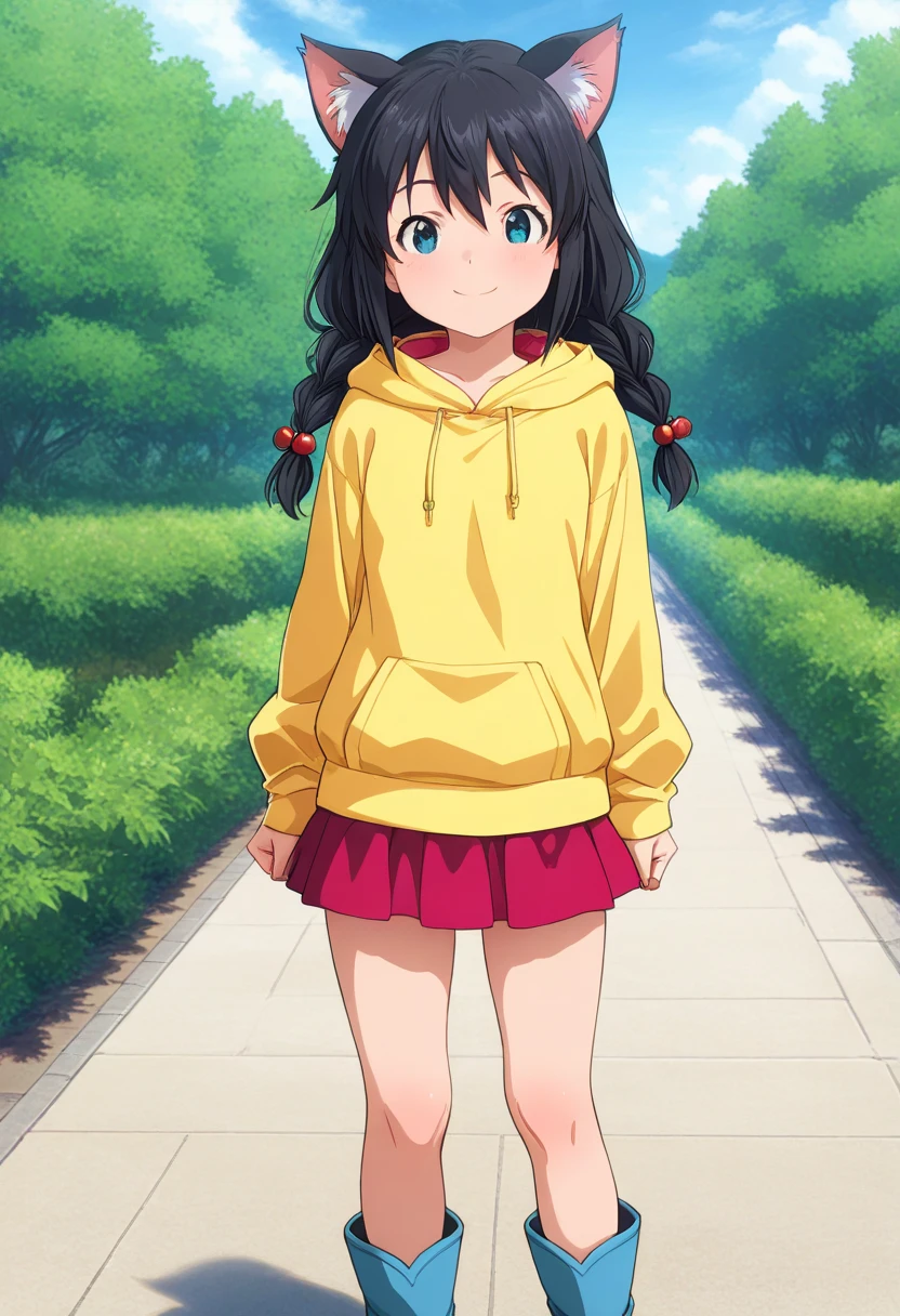 Standing Portrait Taken from the Front　shows the whole body (Cherry blossom treesを葉っぱの傘を持つ少女が歩く)　 Beautiful anime style portrait, Detailed portrait of beautiful anime style girl, Beautiful anime style portrait, Beautiful anime woman, Digital animation illustration, Anime style portrait, realistic, Beautiful anime girls, Animation illustration Top quality, Masterpiece, Ultra high resolution, Beautiful upper body, Detailed face, Beautiful upper body, Beautiful lower body, Two perfect legs, Beautiful legs, Five perfect fingers, Beautiful eyes, Delicate eyes, Detailed face young-looking woman　Female Elementary School Student　(black hair、braids、both sides) (Cat ears) (smile、looks like fun) (yellow hoodie) (red miniskirt) (Light blue boots) 　(1:5)　light rain、Cloudy　A little dim　 Paved Road  (Cherry blossom trees)　Masterpiece, beautiful, top quality, very delicate, high quality, high resolution,  beautiful, amazing work, amazing beauty, 4K, fantastic,wonderful