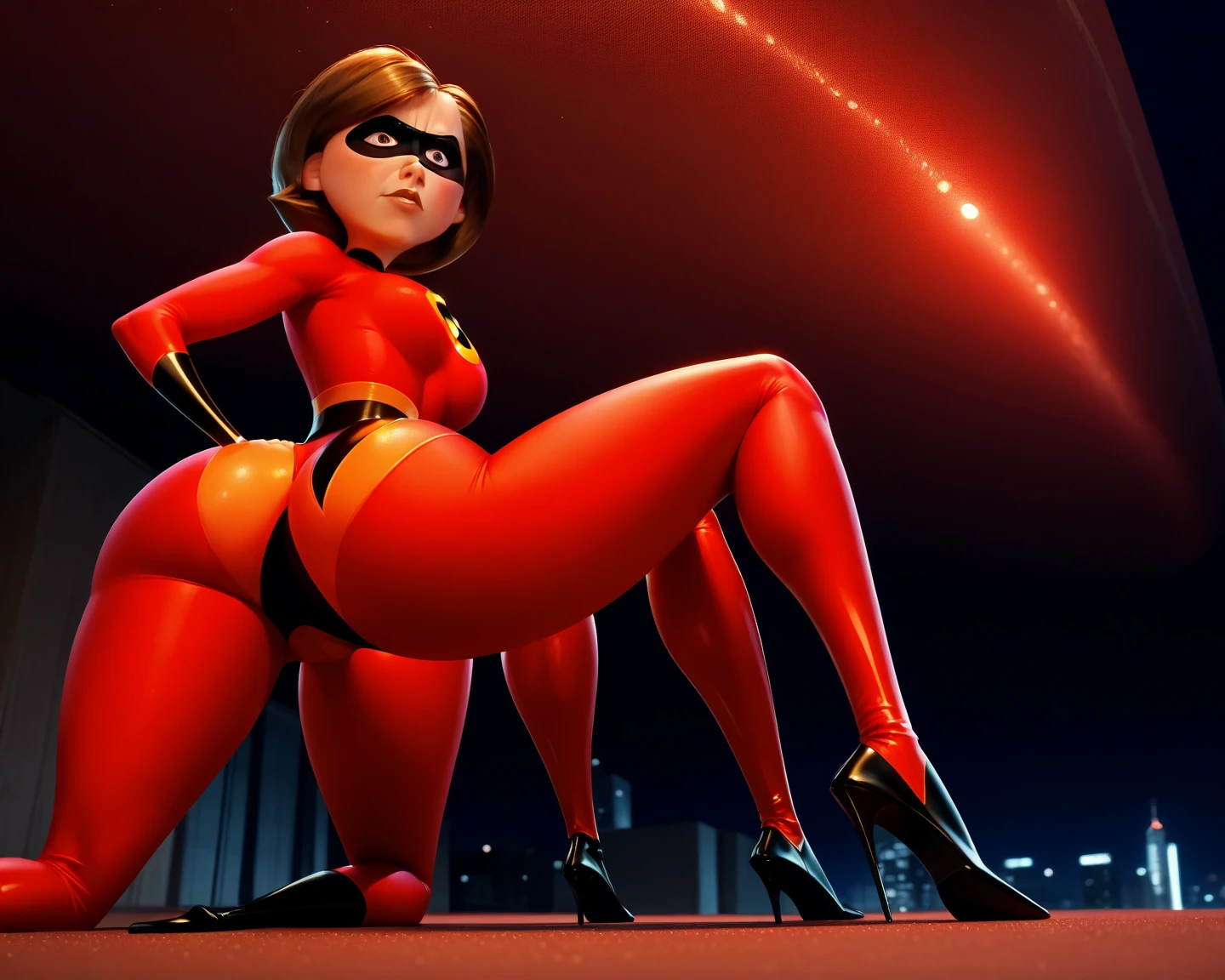 Helen Parr. （luster）（shiny）Ahegao. camel toe:1.4、erect nipples､(Sweat)、(vapor)､(((long gloves:1.3)))、brown loafers、black calf length socks、Open your thighs wide to the left and right､squatting、Squat on the ground、show off your crotch to the viewer, ((enamel bondage:1.3、squat, spread your legs:1.3, arm behind head ))、absurd、flat lighting、elevation angle、sexy pose、highest quality、Complex、surreal、perspective, very detailed, detailed background, shape、1 girl、alone、big breasts、light smile, embarrassing, blush, ((mechanical background)),